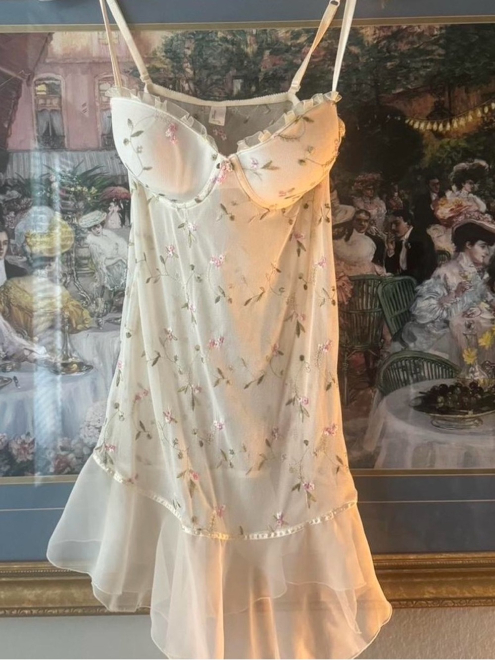 American Vintage Cream Sheer Slip with Pink Floral Embroidery
